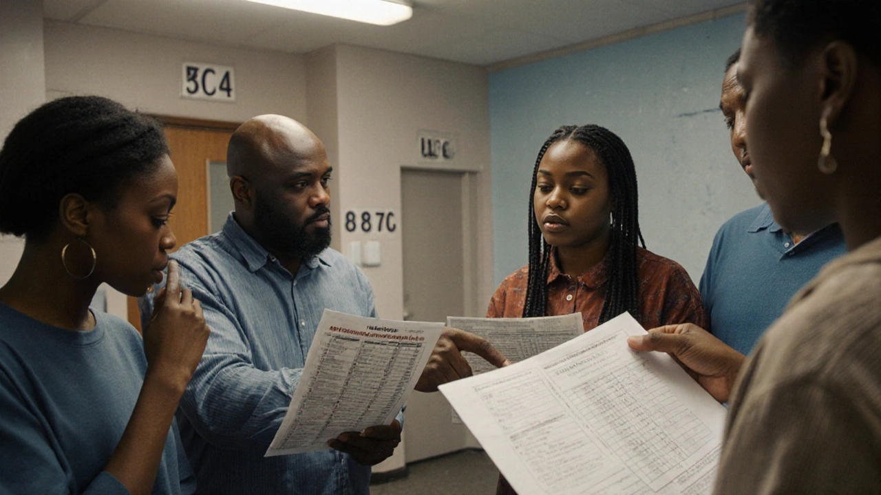 Mieter und Vermieter besprechen Modernisierungsunterlagen in einer Wohnhausgemeinschaft.