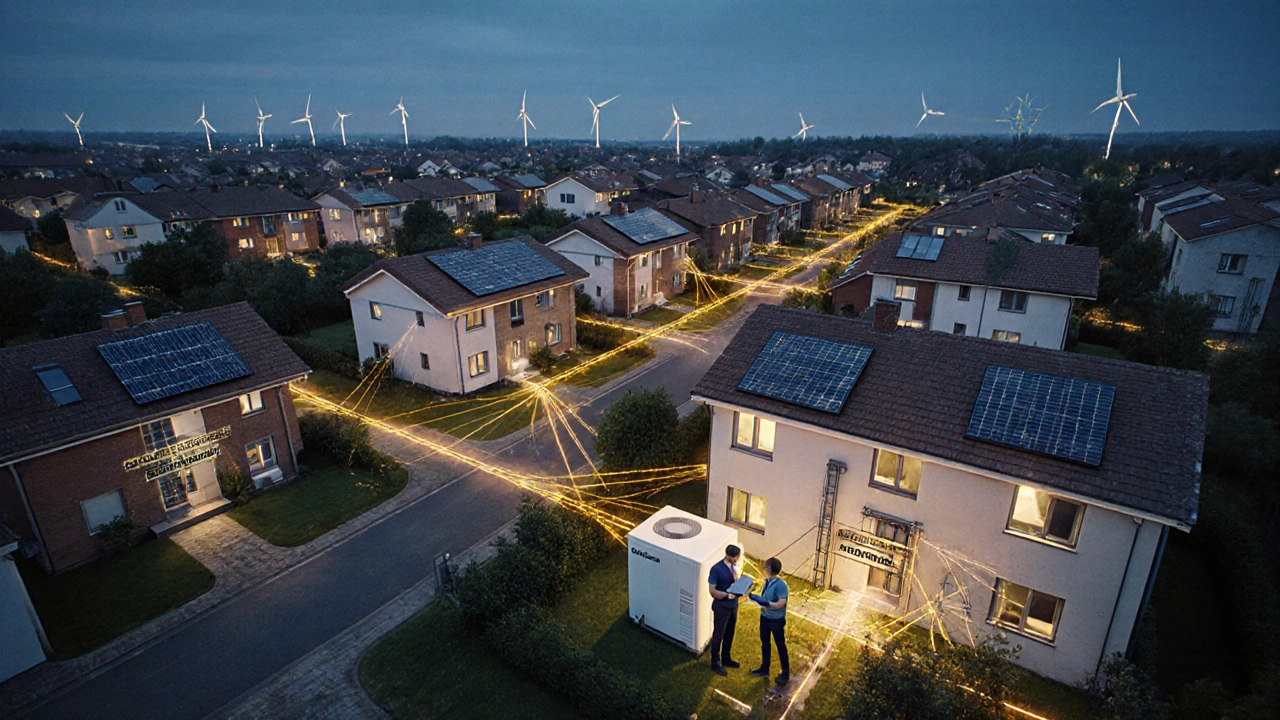 Nachbarschaft mit vernetzten Energie-Systemen: Wärmepumpen, Solaranlagen und Speicher, symbolisch verbunden durch goldenen Faden.