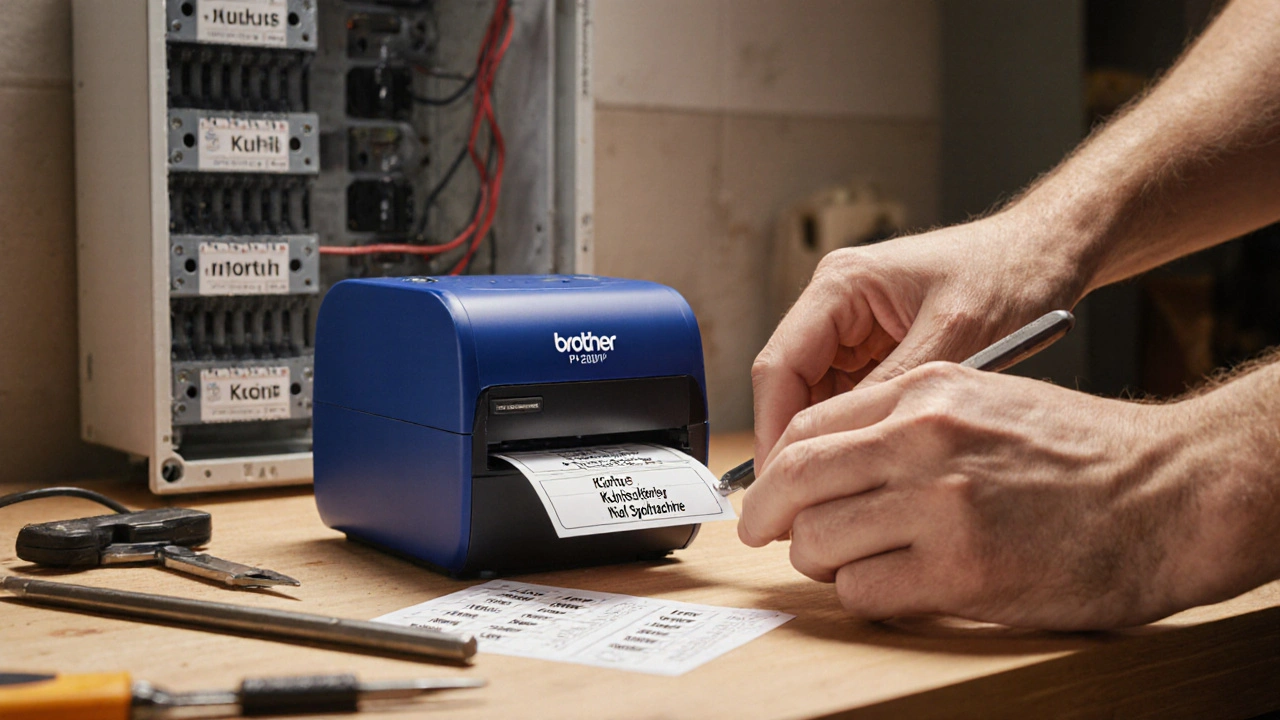 Person druckt langlebige Etiketten mit einem professionellen Etikettendrucker für eine elektrische Unterverteilung.