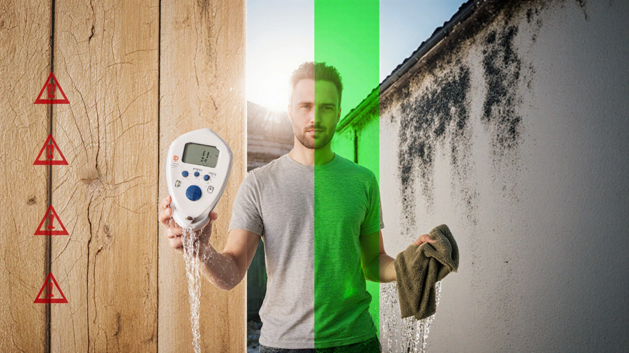 Person hält Hygrometer zwischen trockener, rissiger Wand und schimmeliger Wand mit idealer Zone dazwischen.