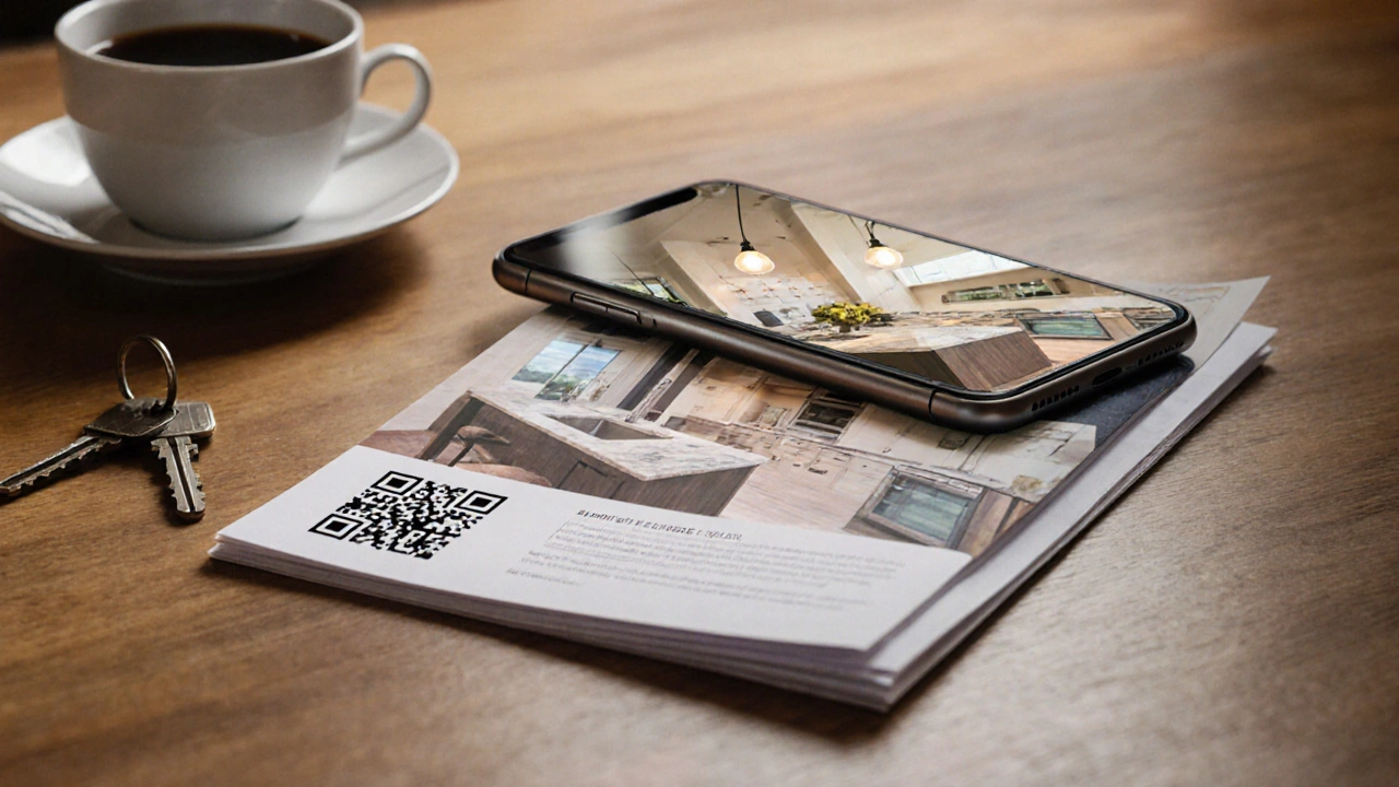 QR-Code auf Flyer öffnet AR-Ansicht einer voll eingerichteten Küche auf Smartphone.