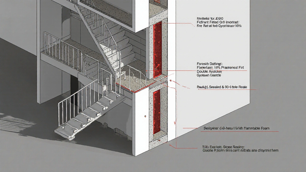 Querschnitt einer Treppenhauswand mit korrekter Brandschutzabschottung für Kabeldurchführungen im Vergleich zu gefährlichem Schaum.