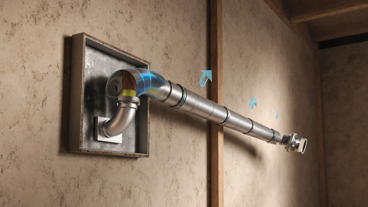 Querschnitt einer Wand mit einem kontinuierlich gebogenen Rohr, das traditionelle Fittings ersetzt.