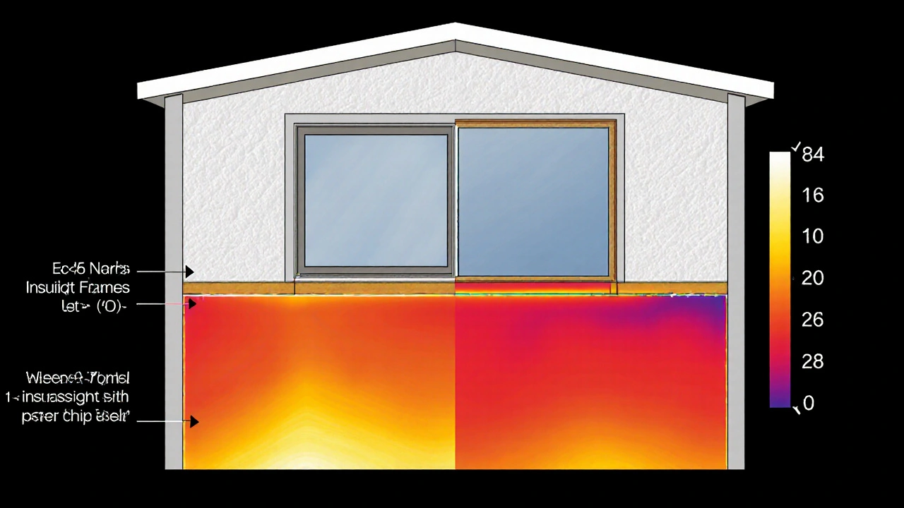 Querschnitt einer Wand mit zentriert eingebautem Fenster und minimalen Wärmebrücken bei beiden Montagetechniken.