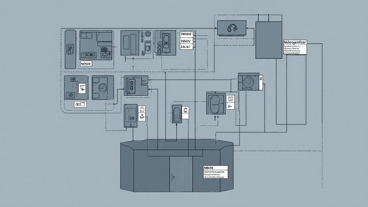 Schematische Darstellung der Stromverteilung vom Hauptverteiler zu mehreren Unterverteilungen in einem Mehrfamilienhaus.