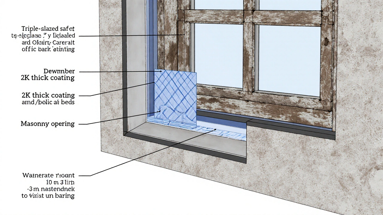Schnittansicht eines wasserdichten Kellerfensters mit Abdichtungsschichten und korrekter Einbauweise.