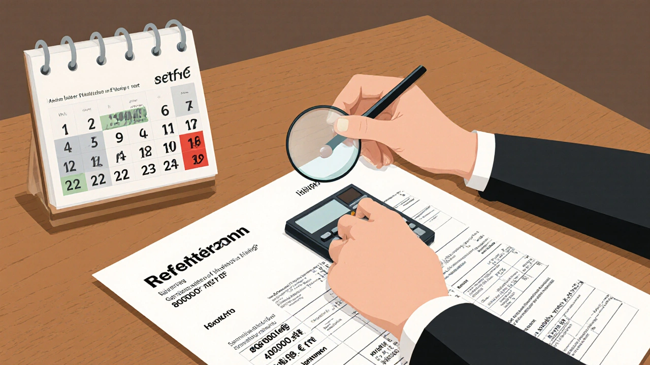 Steuerberater prüft AfA-Tabelle mit Gebäudemodell und Kalender, der den Einweihungstermin zeigt.