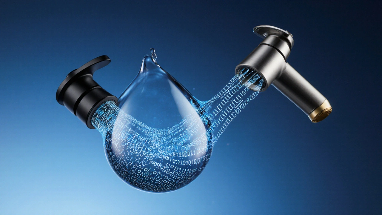 Symbolische Darstellung eines Wassertropfens, der in digitale Daten übergeht, für moderne Badezimmertechnologie.