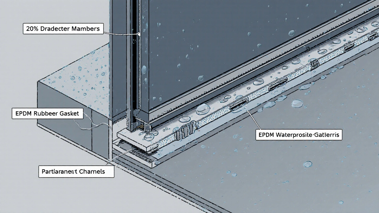 Technische Schnittansicht einer magnetischen Doppeldichtung für schwellenlose Türen mit Drainage und 2% Gefälle.