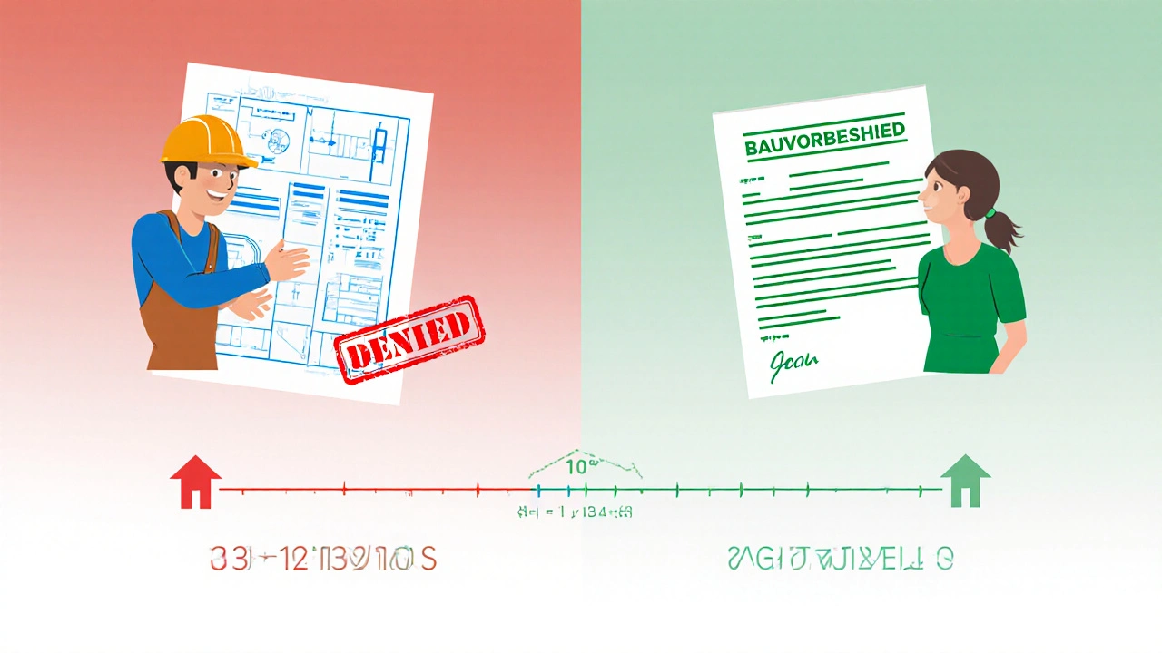 Vergleich: abgelehnter Bauplan links, genehmigter Bauvorbescheid rechts.