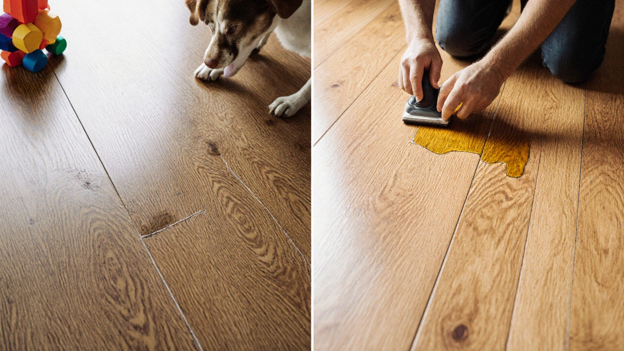 Vergleich: beschädigtes Laminat links, professionell nachgeöltes Parkett rechts