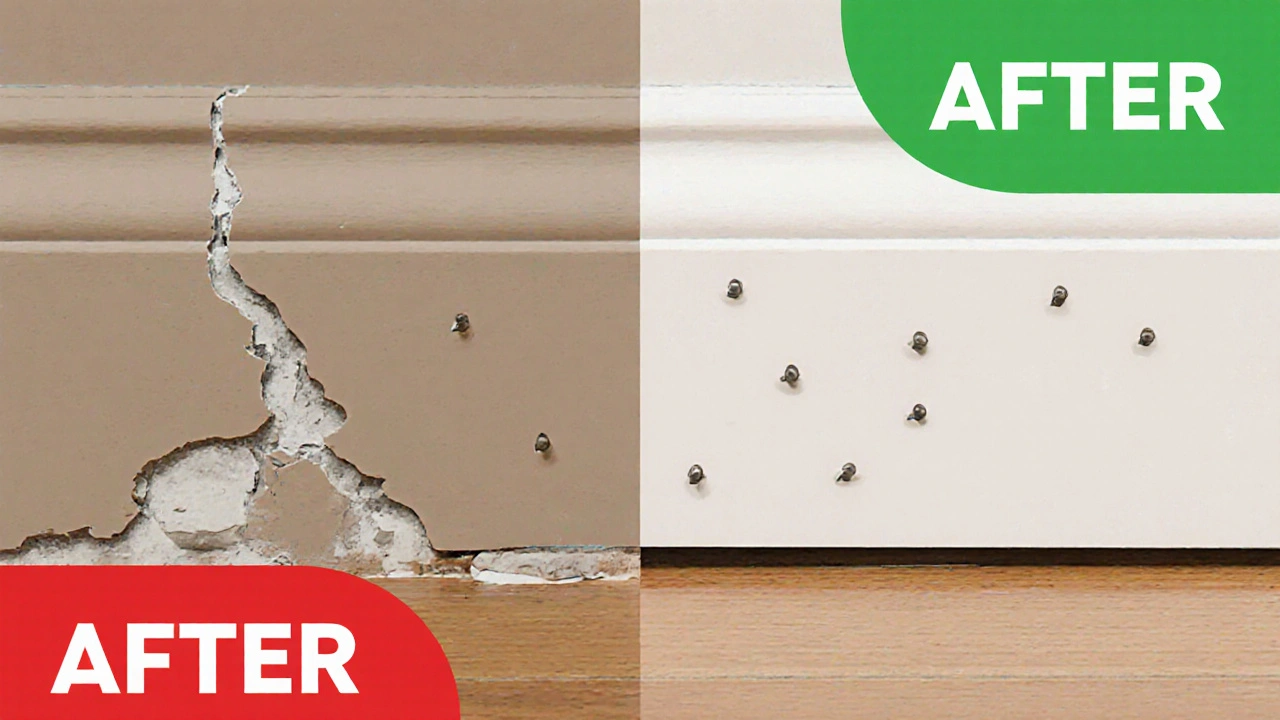 Vergleich: Fehlerhafte und perfekt montierte Sockelleisten, mit Lücken und korrektem Abstand zum Boden.