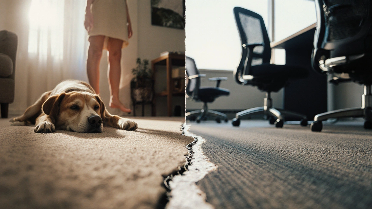 Vergleich: Komfortabel gespannter Teppich im Wohnbereich vs. verklebter Teppich im Gewerberaum.