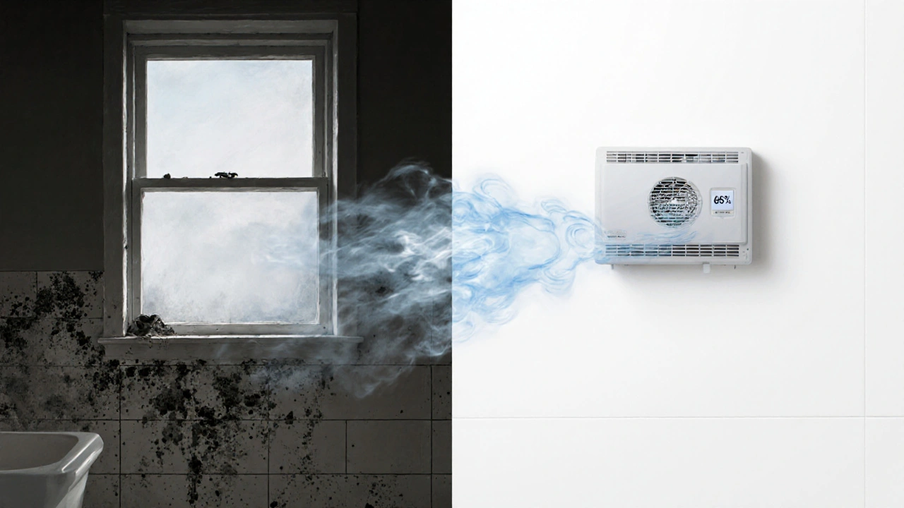 Vergleich: schimmeliges Bad links, lüftendes Bad rechts mit automatischem Ventilator.