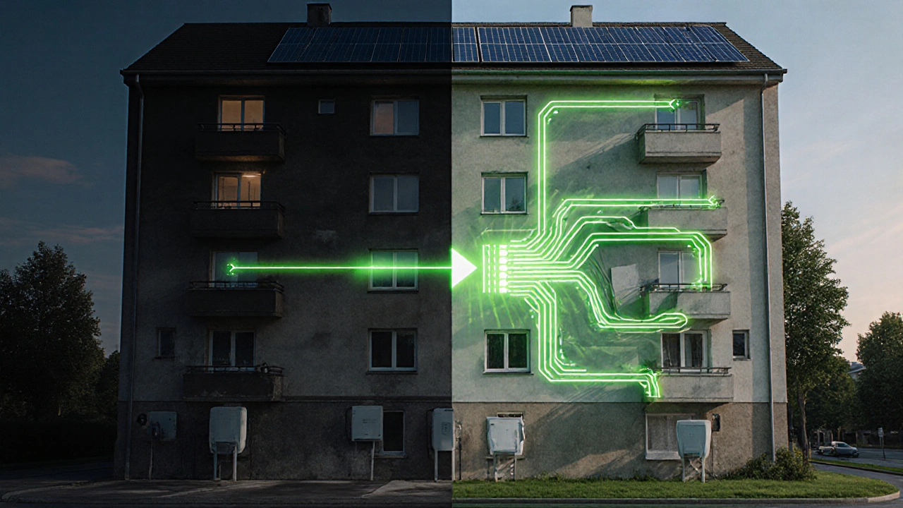 Vergleich: Veraltete Parkfläche links, moderne Ladeinfrastruktur mit erneuerbarer Energie rechts.