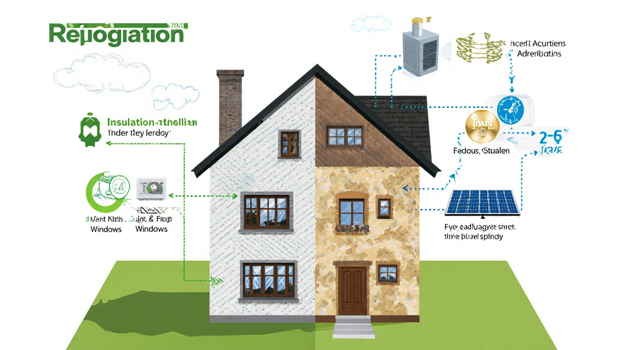 Vergleich von altem und neuem Haus: alte Heizung und Fenster vs. moderne Dämmung, Wärmepumpe und Smart-Home-Technik.