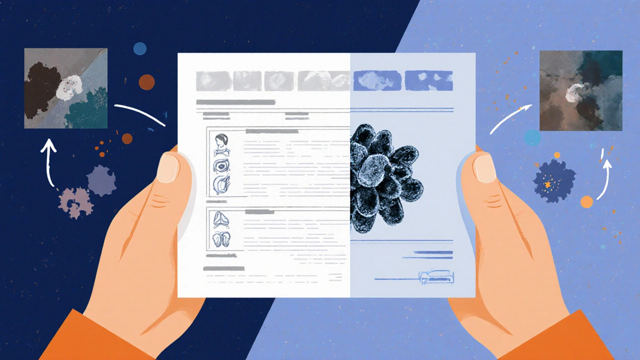 Vergleich von harmlosem und giftigem Schimmel mit Gesundheitssymptomen in einem Bericht.