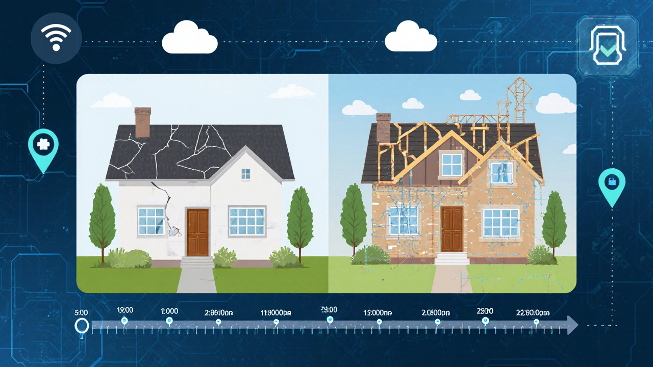 Vergleich von Vorher-Nachher-Fotos eines Gebäudes mit digitalen Zeitstempeln und GPS-Daten.