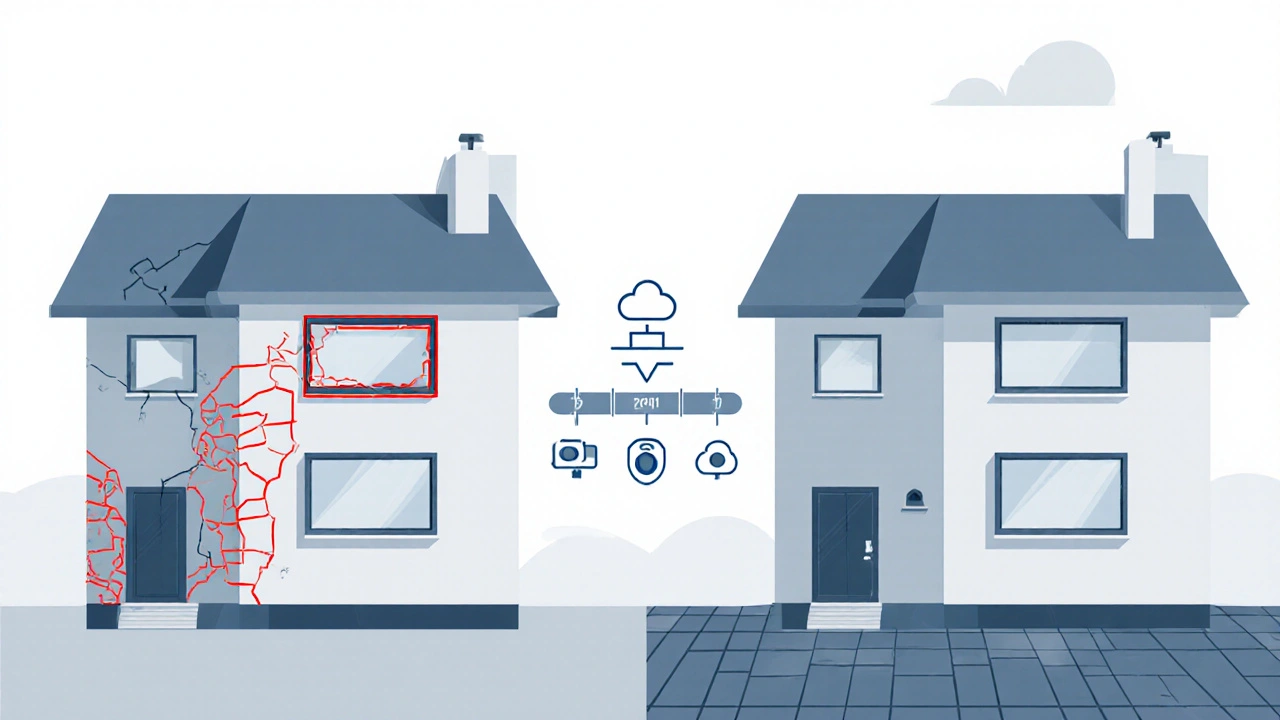 Vergleichsdarstellung: links der Zustand vor dem Bau mit annotierten Schäden, rechts nach dem Bau mit neuen Schäden, technischer Stil mit klaren Linien.