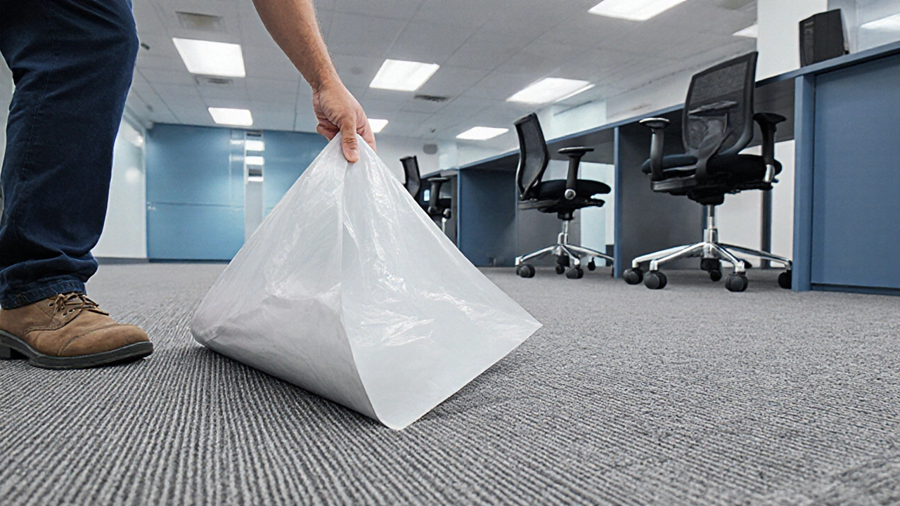 Vollflächig verklebter Teppich in einem Büro mit Stuhlrollen, glatt und nahtlos verlegt.