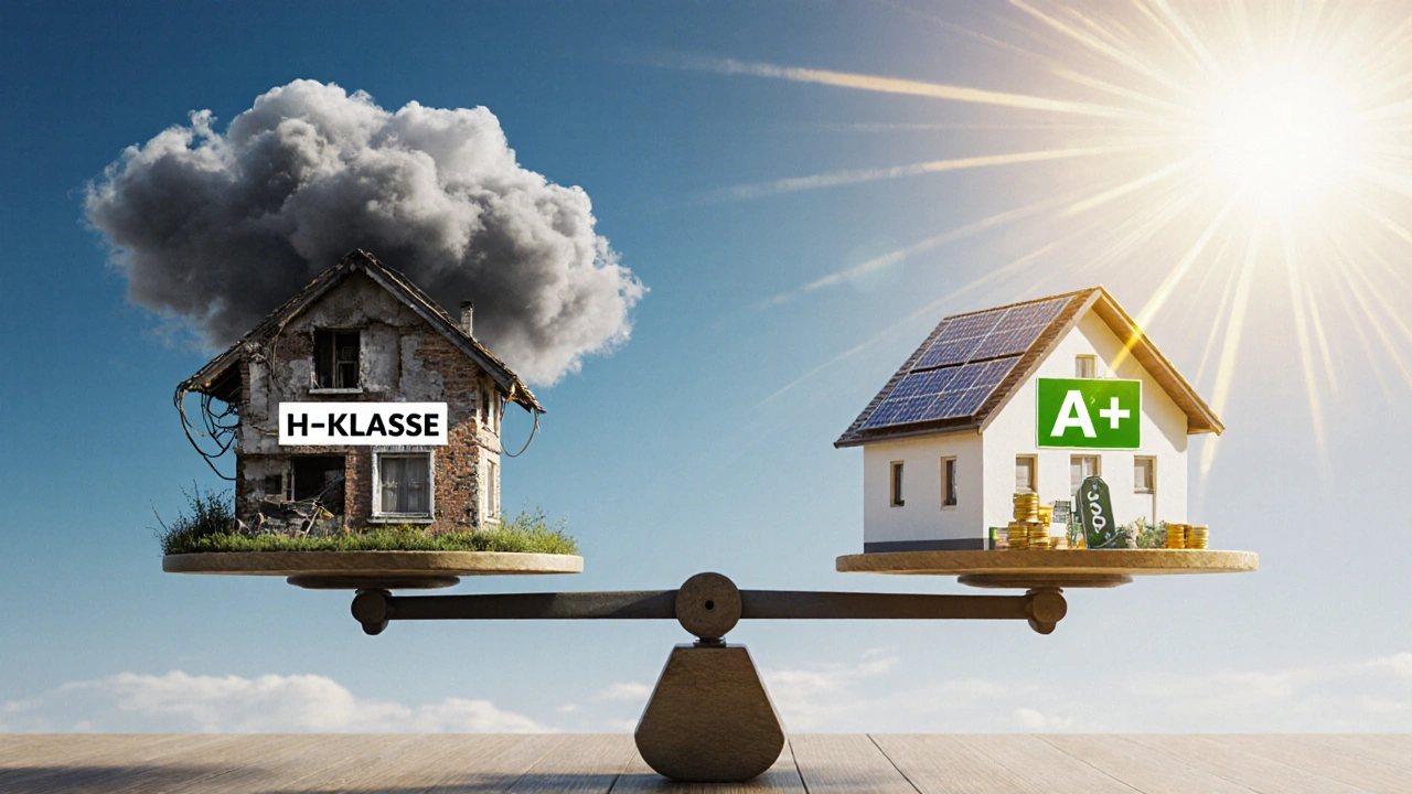 Waage mit altem Haus (H-Klasse) und CO2-Wolken gegen modernes Haus (A+) mit Solaranlage und goldenem Licht, Symbol für Wertunterschied.