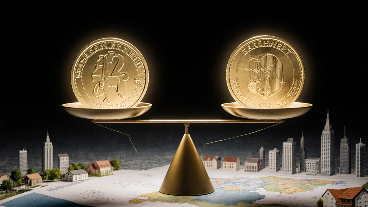 Waage mit drei Bewertungsmethoden für Immobilienwerte, symbolisch dargestellt.