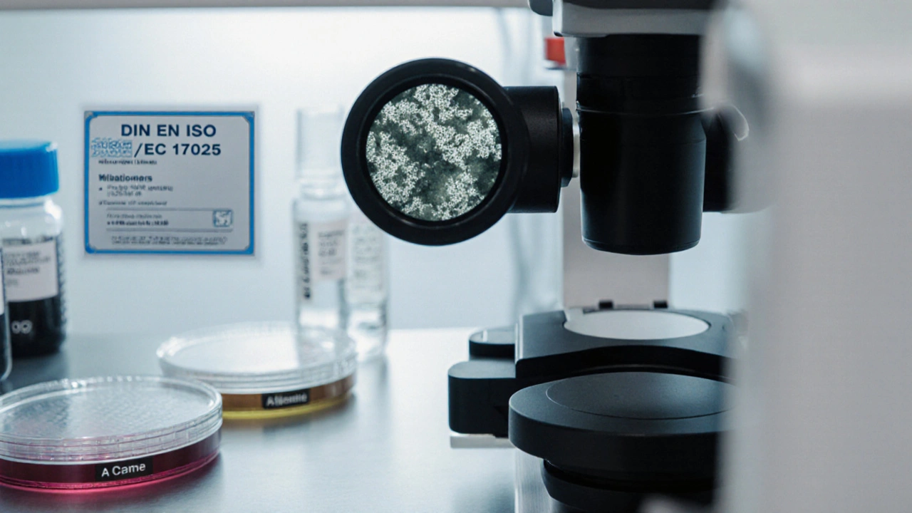 Wissenschaftler untersucht Schimmelsporen unter dem Mikroskop in einem zertifizierten Labor.