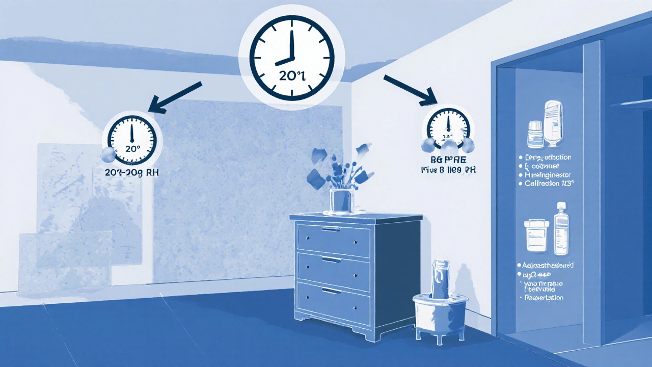 Wissenschaftliche Darstellung von drei Messpunkten in einem Raum mit kalibrierten Sensoren und kontrollierten Umgebungsbedingungen.