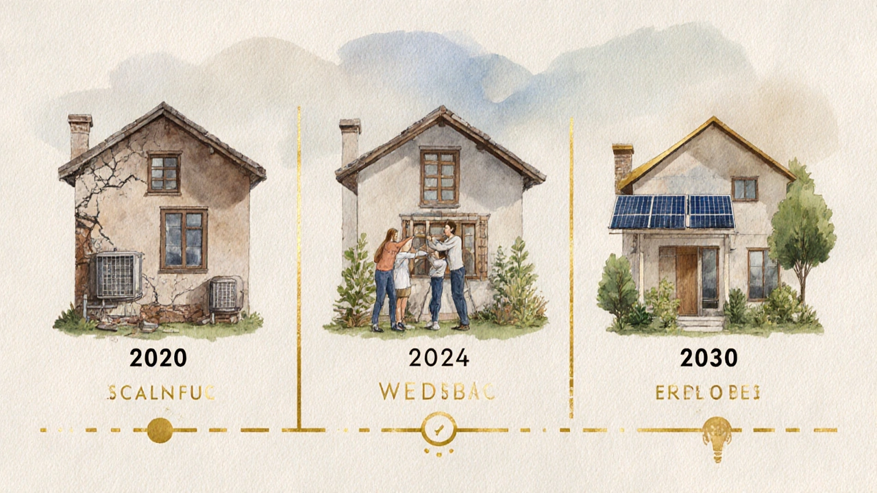 Zeitlinie einer Hausfassade zeigt den Übergang von verfallenem Zustand zu moderner Sanierung.