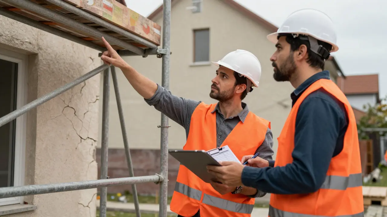 Bauherr prüft Gerüst mit Maurer, Riss im Nachbarhaus im Hintergrund, trübes Tageslicht.