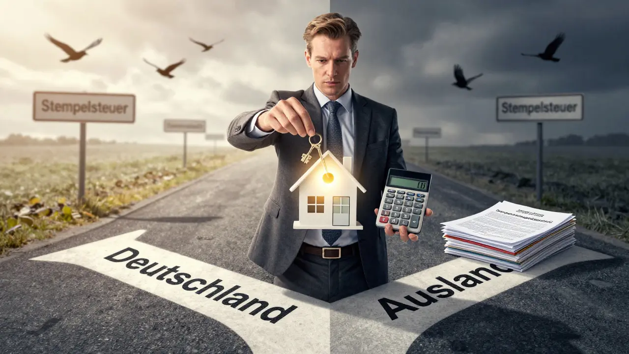 Deutscher Investor an der Kreuzung zwischen Deutschland und Ausland mit Steuerdokumenten