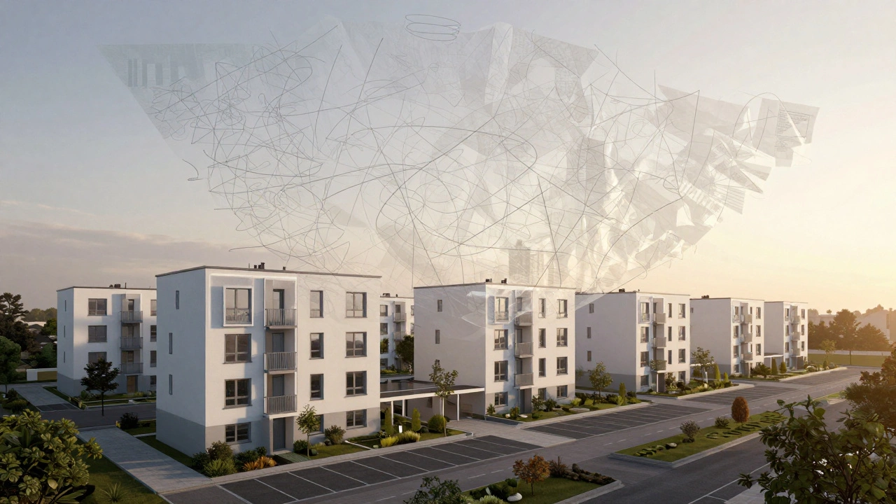 Digitale Grenzlinien überschreiben alte, unscharfe Grundrisszeichnungen auf einem Wohnkomplex.