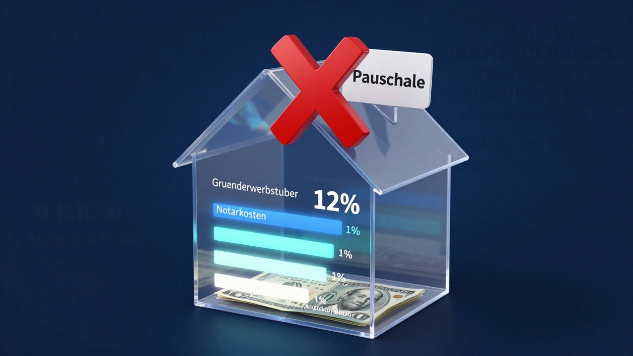 Durchsichtiges Haus mit aufgezeigten Kaufkosten als separate Balken, rotes X über dem Begriff &#039;Pauschale&#039;.