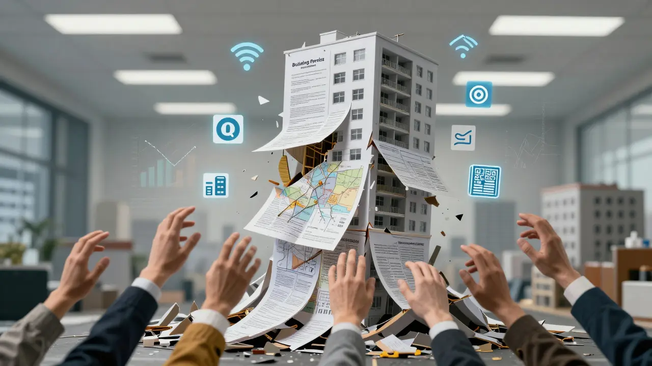 Ein aus Papier bestehender, einstürzender Turm aus Baugenehmigungen mit digitalen Symbolsymbolen darunter.