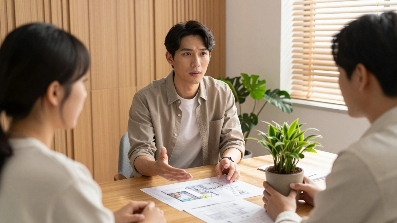 Ein Mediator unterstützt zwei Wohnungseigentümer bei der Lösung eines Flächenstreits.