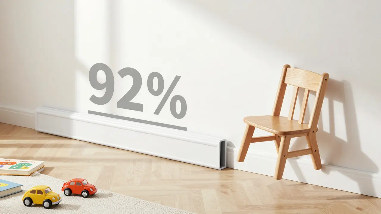 Eine Ecke eines Kinderzimmers mit robusten Kunststoffprofilen, die Möbelstöße abfedern.