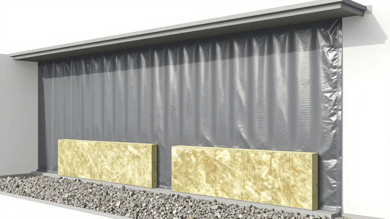 Eine moderne Kellerwand mit Noppenbahnen und XPS-Dämmung, abgedichtet und mit Kiesdrainage am Boden.