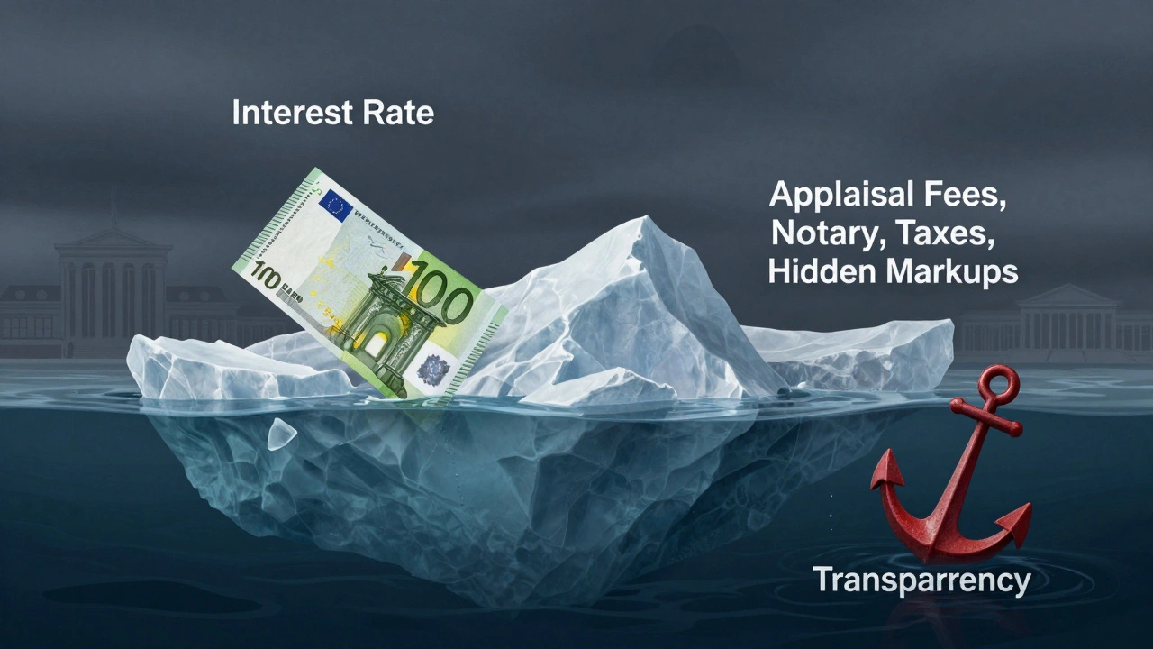 Eisberg mit sichtbarem Zinssatz und verborgenen Nebenkosten in Euro-Fluss