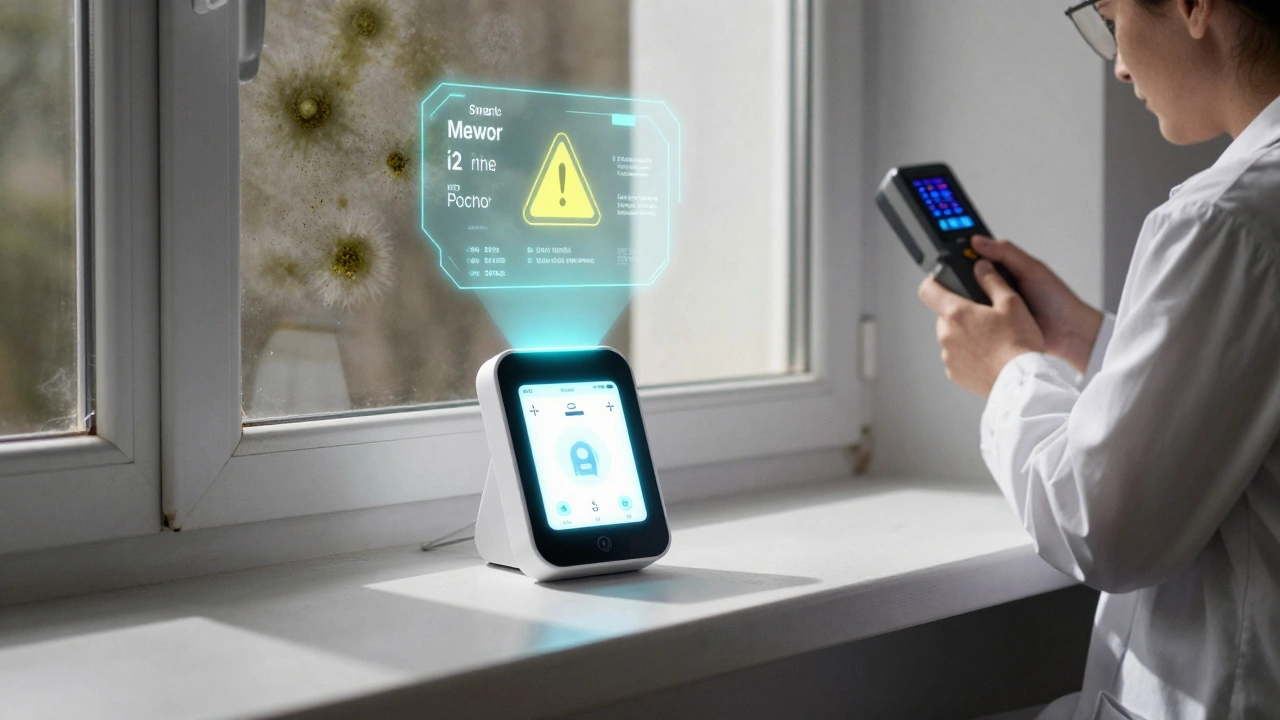 Intelligenter Feuchtigkeitssensor auf einem Fensterbrett, der holographische Warnungen über einer von Schimmel bedeckten Wand projiziert.