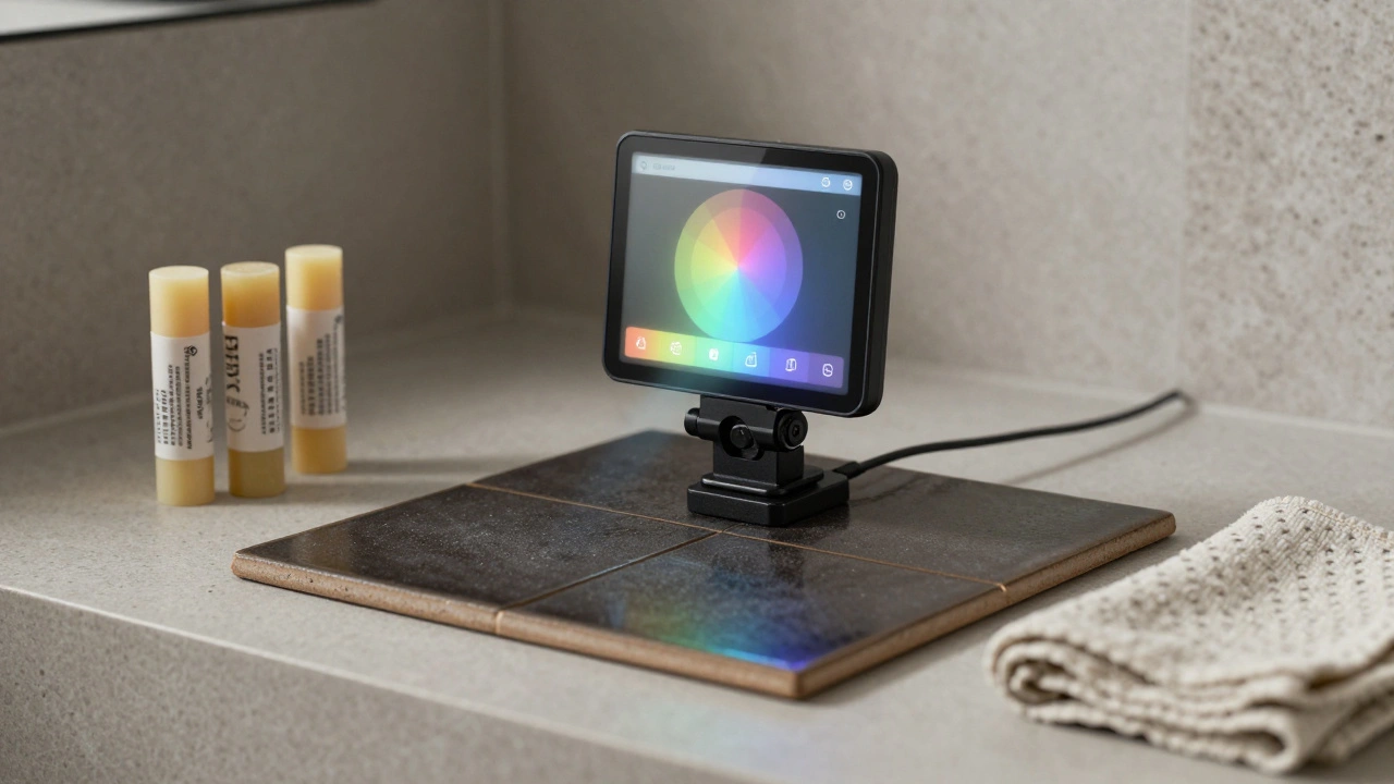 Intelligenter Reparaturset mit Kamera scannt dunkle Fliese und passt Farbe digital an.