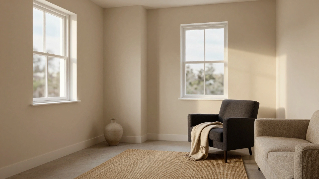 Kleines Wohnzimmer in Weiß und Beige mit dunklem Sessel und holzernen Texturen für mehr Tiefe.