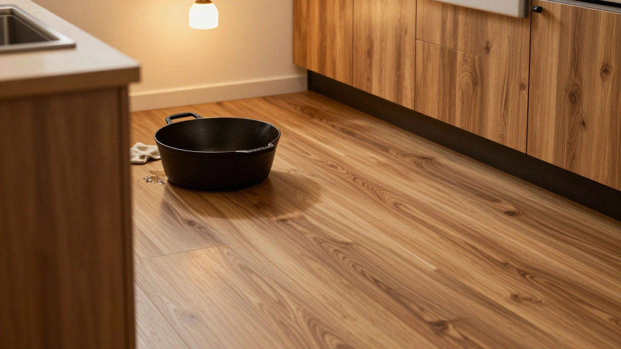 Küche mit vinylboden, ein Topf ist auf den Boden gefallen, aber ohne Schaden – elastisch und warm unter den Füßen.