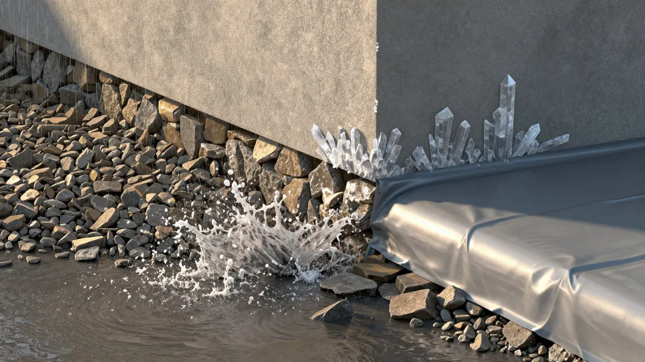 Künstlerische Darstellung eines Sockels mit Schutzsystem gegen Spritzwasser und aufsteigende Feuchtigkeit.