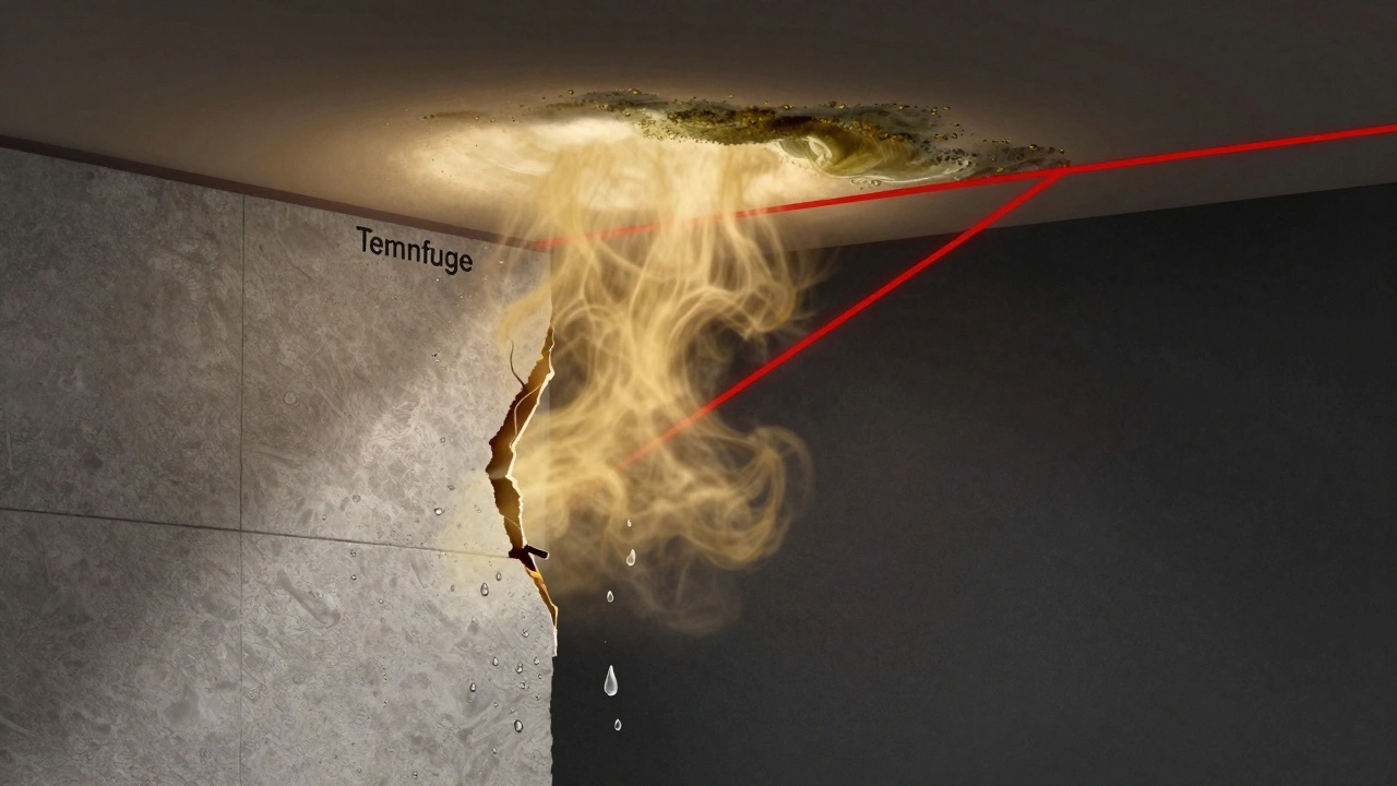 Luftleck mit Feuchtigkeitskondensation und Schimmelgefahr an Trennfuge zwischen Nachbarwänden