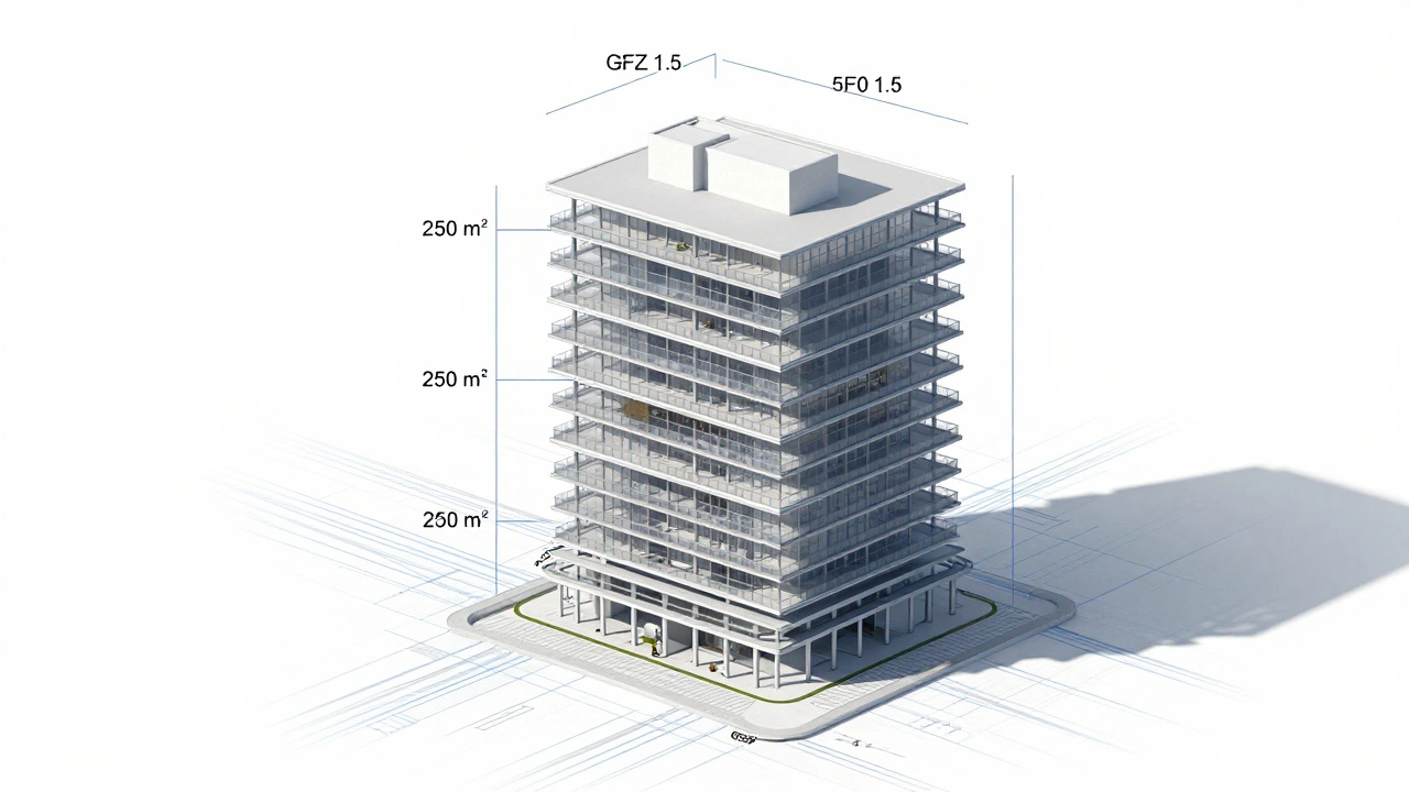 Mehrgeschossiges Gebäude mit drei Stockwerken, dessen Gesamtgeschossfläche 1,5-fach der Grundstücksfläche beträgt.