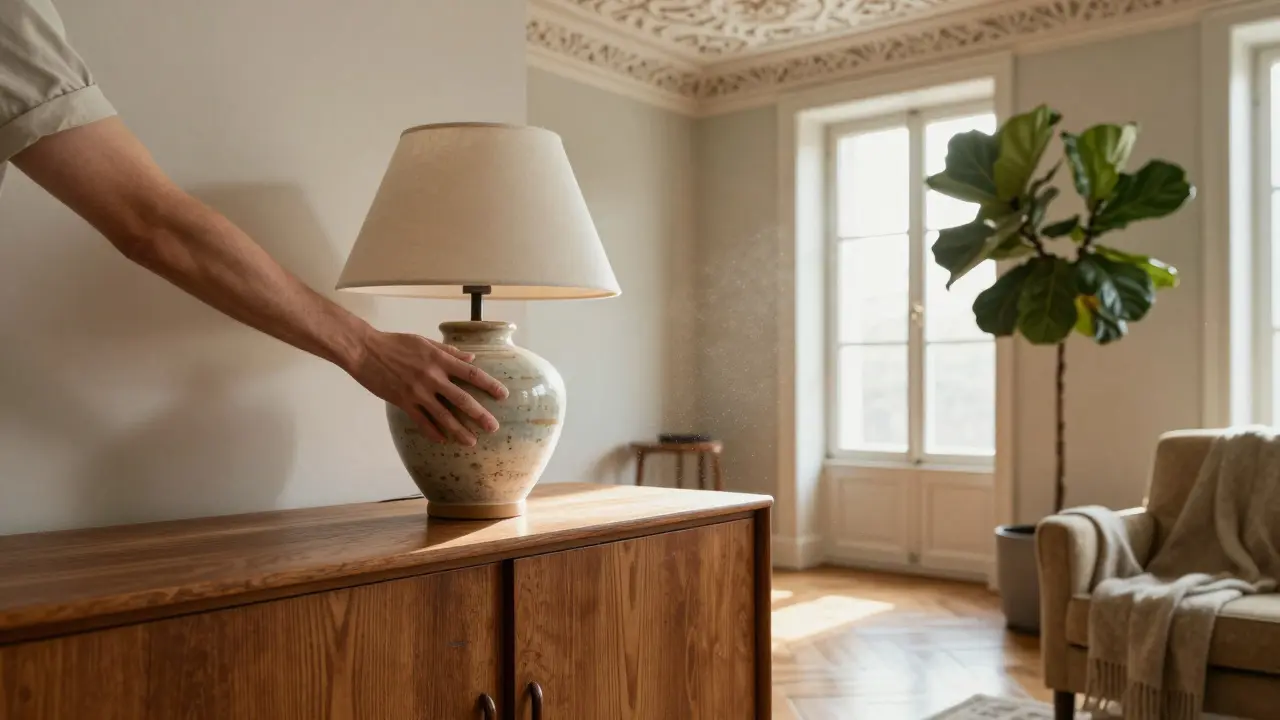 Nahaufnahme einer modernen Lampe auf einem antiken Sideboard, mit Stuckdecke und Parkett im Hintergrund, sanft von Sonnenlicht erhellt.