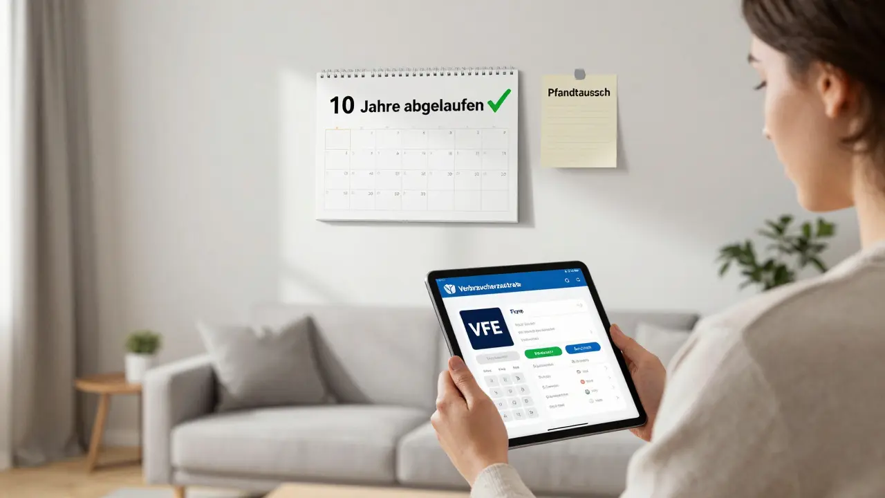 Person nutzt einen Online-Rechner für Vorfälligkeitsentschädigung, während ein Kalender die 10-Jahres-Grenze markiert.