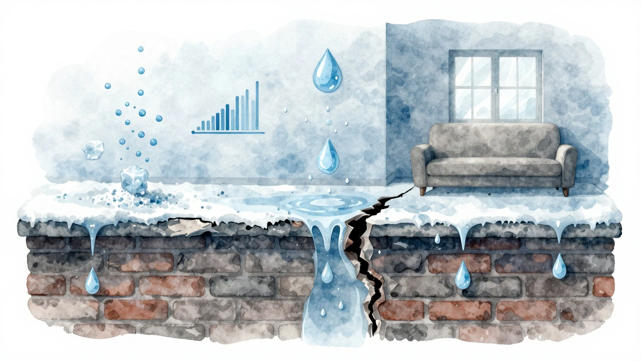 Querschnitt einer alten Mauer mit drei Feuchtigkeitsquellen: aufsteigende Feuchtigkeit, eindringendes Wasser und Kondensation an einer kalten Wand.