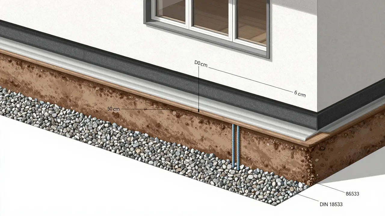 Querschnitt eines abgedichteten Sockels mit Kiesstreifen und Dämmplatten nach DIN-Norm.