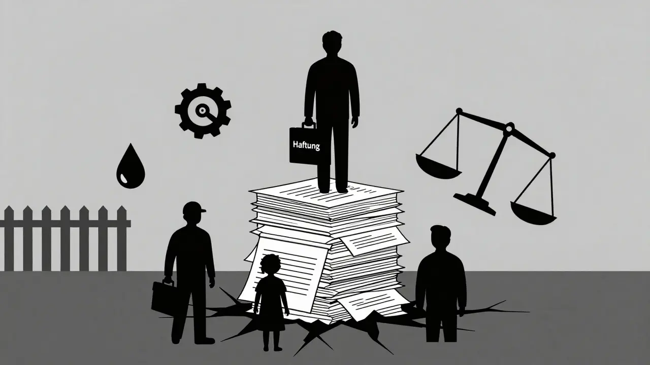 Stilleben aus Schattenfiguren und Rechtsdokumenten, Haftung als Last über einer Baustelle.